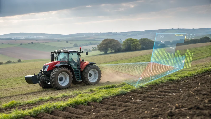 Tractor using precision agriculture technology with overlay showing probability-based decision zones
