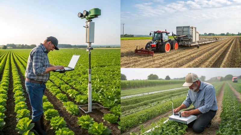 Diverse sustainable farming practices showing cover crops, precision equipment, and soil health monitoring